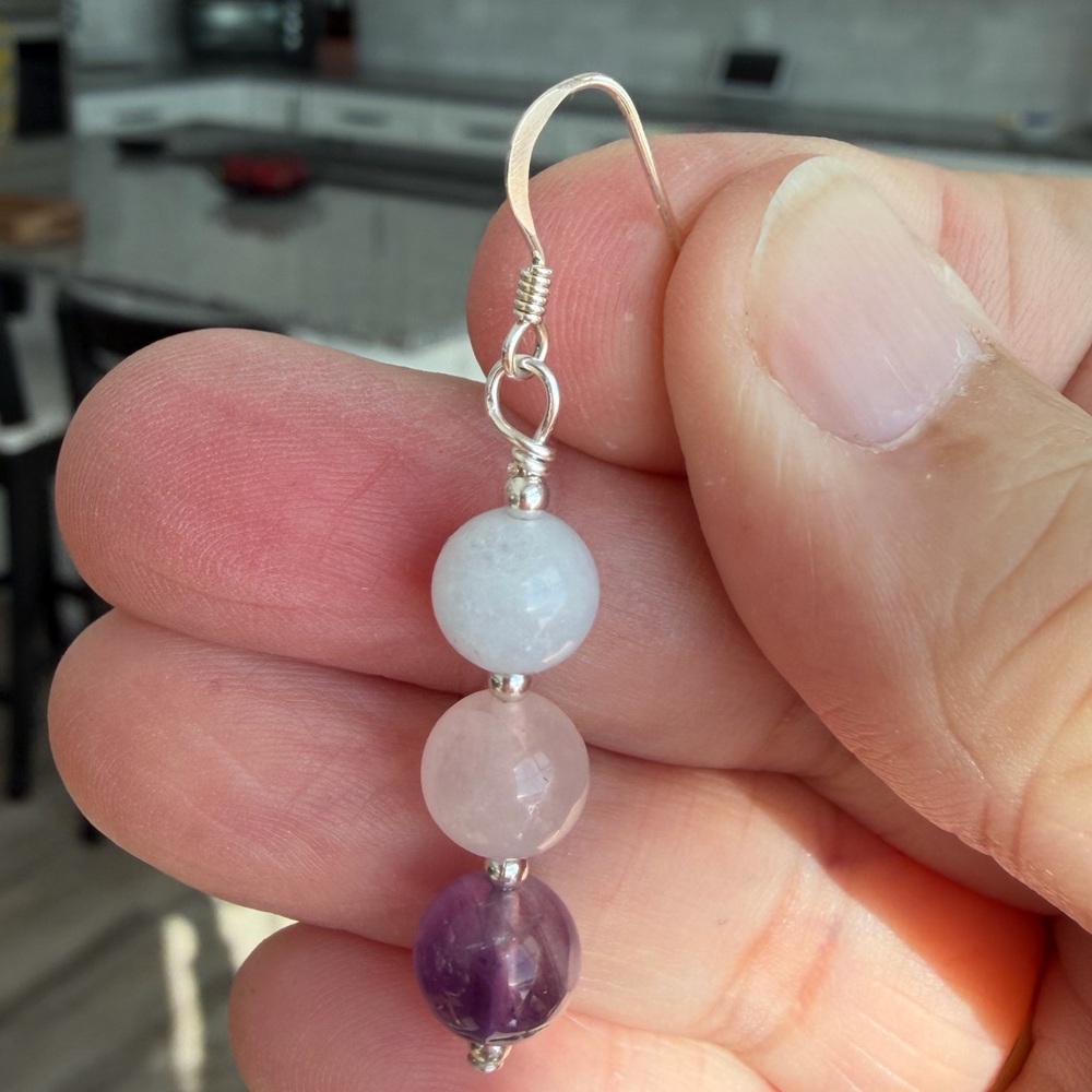 Amethyst, Rose Quartz & Aquamarine Handmade Earrings 925 Sterling Silver Hooks - Picture 5 of 6